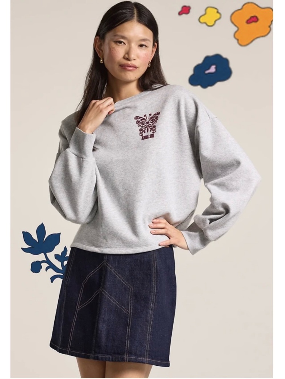 Old Navy x Anna Sui Graphic Puff Pullover Crop Boxy Sweatshirt Grey Medium